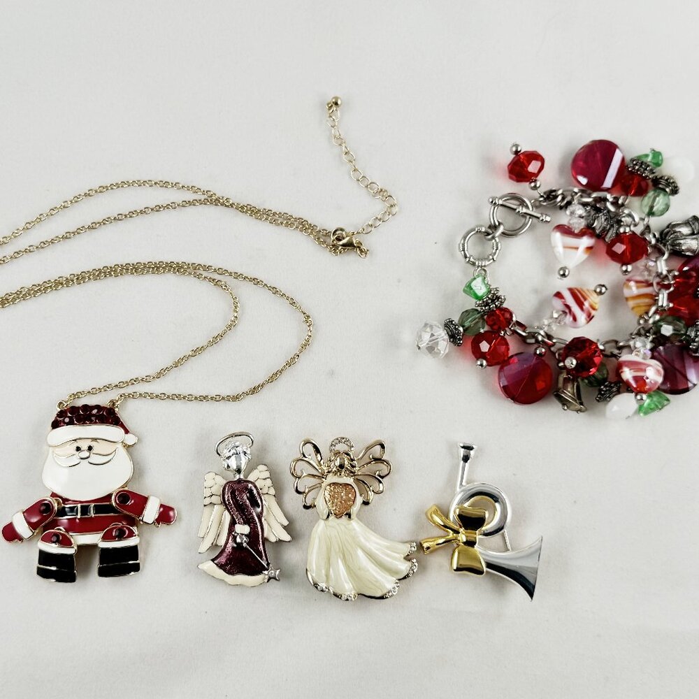 Group of Christmas jewelry, Angels, Santa Claus, great charm bracelet